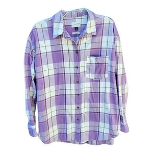Universal Thread Purple White Plaid Oversized Flannel Button Down Shirt - Size M